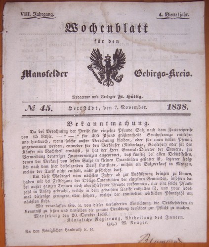 Hettstedt 1838 zeitung - hettstedt,