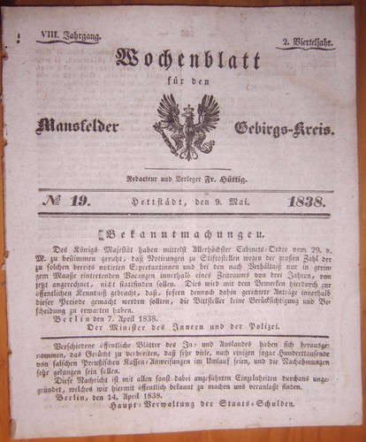 Hettstedt 1838 zeitung - 9.5.1838,